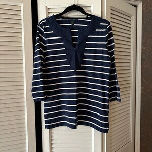 Ralph Lauren Blue and White 3/4 Sleeve Bib Collar Tunic